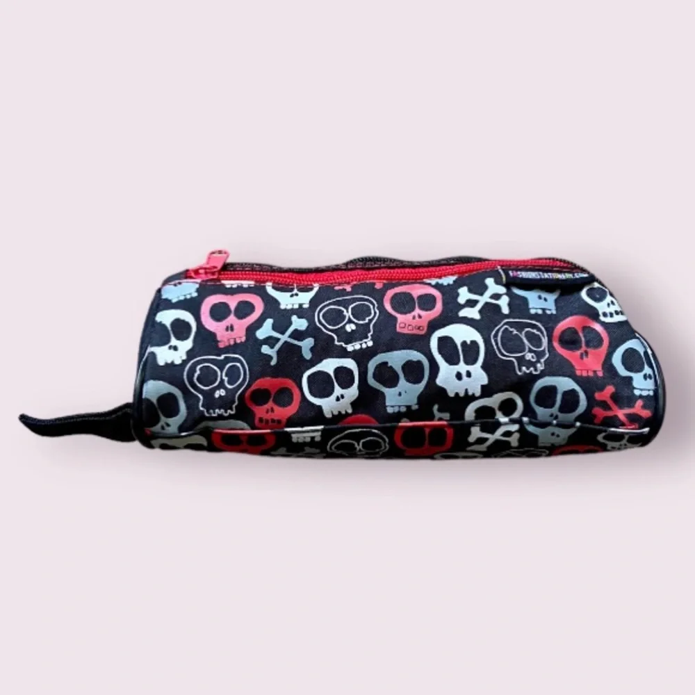 Fashion Stationary Black, Red and Gray Skull & Crossbones Double Zip Pencil Case